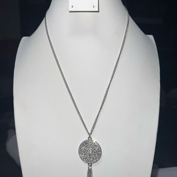 Silver Tone with Filigree and Crystal Tassel Necklace - Picture 6 of 9